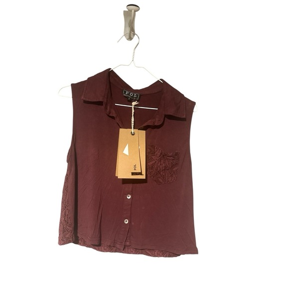 Pol Burgundy Crop‎ Sleeveless Top With Lace Back And Front Pocket Size Small - Picture 4 of 11